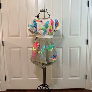 Queen of Sparkles Colorful Bird Print Top and Shorts Set